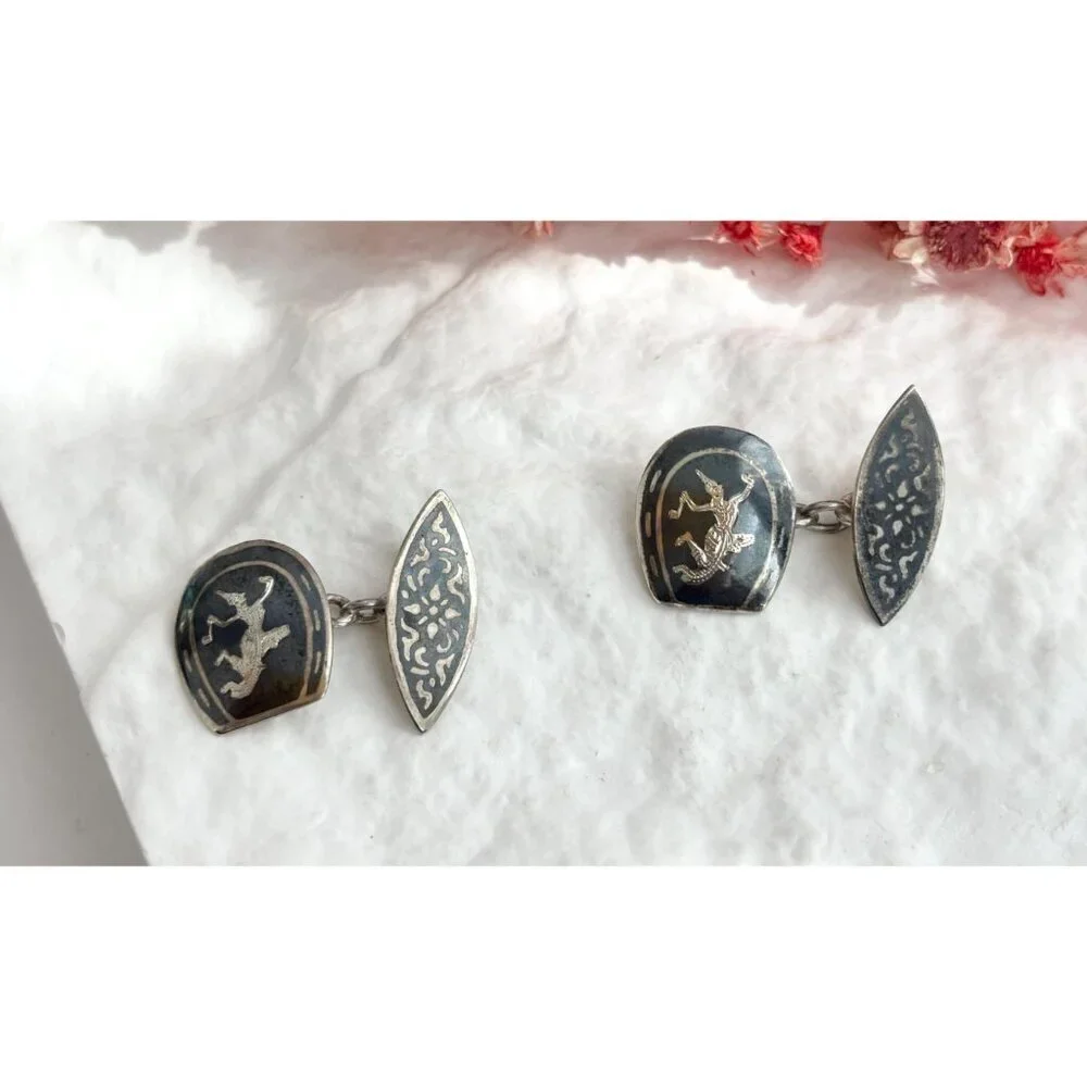 Siam Sterling Cufflink Black Horseshoe Nielloware Vintage Thai Made 925 Earrings